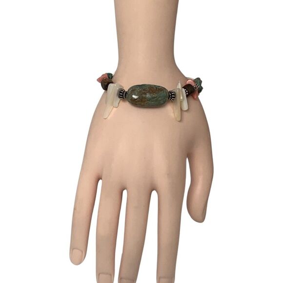 Turquoise 925 Sterling Sliver Bracelet 7" Coral Mother Of Pearl Southwestern - Picture 12 of 14